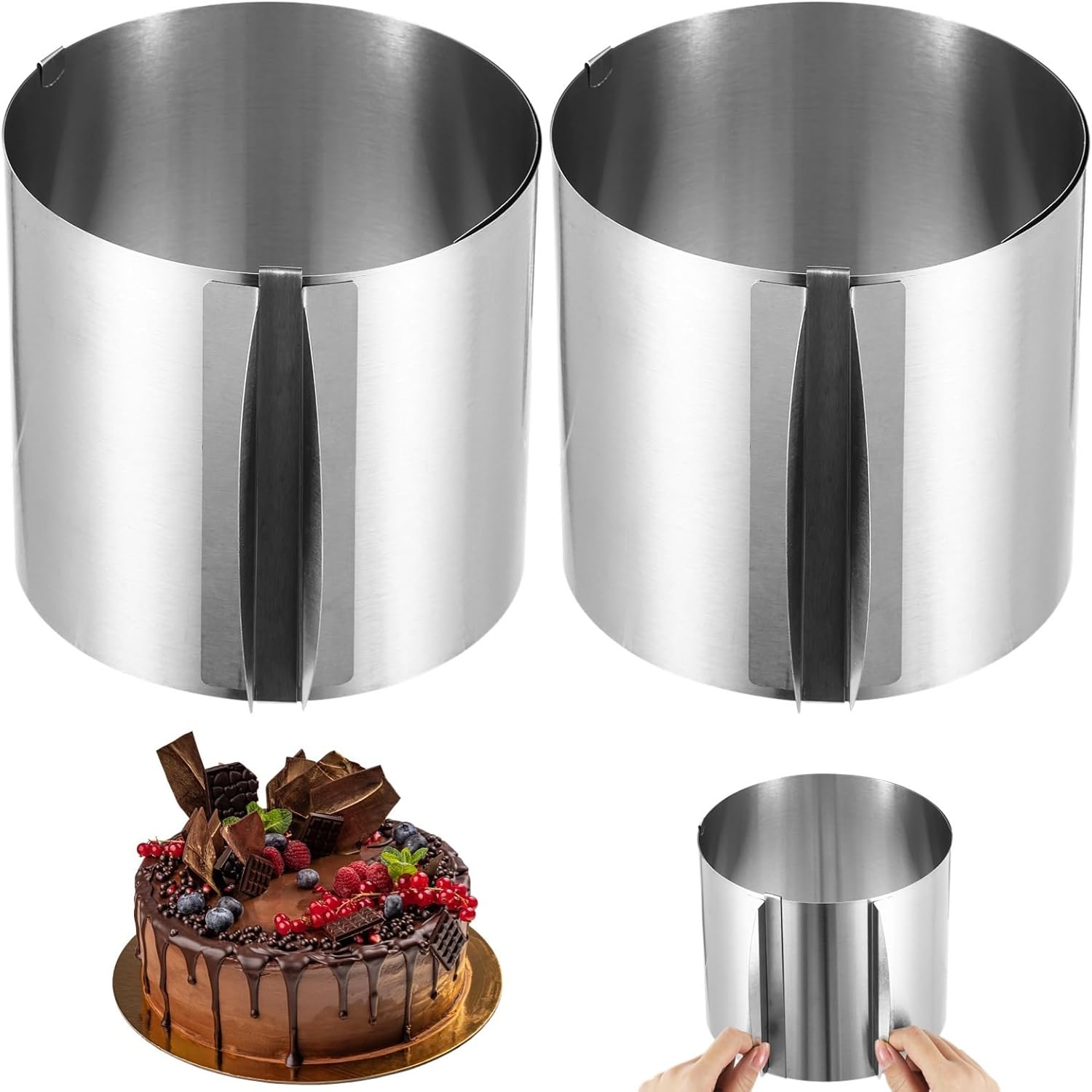 2 Pcs Stainless Steel Cake Ring Molds, Adjustable 6-12 Inch Round Baking Forms with Handles and Internal Scale, Ideal for Dessert and Pastry Making