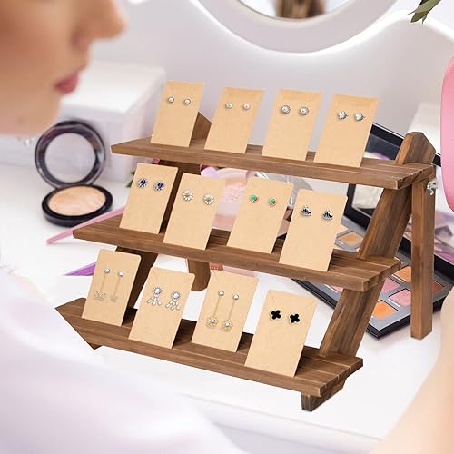 Miniatura 6 de Soporte de exhibición de aretes de madera de 3 niveles, soporte de exhibición de tarjetas de joyería al por menor con ranura + 50 tarjetas de
