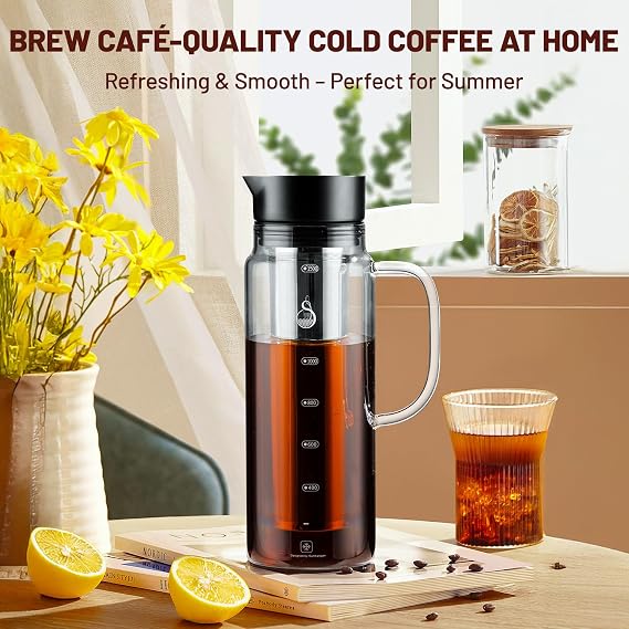 SAMBANGAN Cold Brew Coffee Maker Glass Pitcher with Stainless Steel Double Mesh Filter (1500ml)