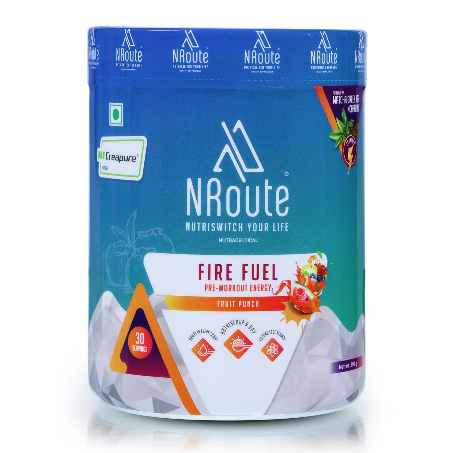 NRoute Firefuel Preworkout Energy Powder with Beta Alanin Caffeine L-Citrulline L-Arginine Creapure Electrolyte Blend & Matcha Green Tea Extract for Strength & Workout Performance Fruit Punch 390gm-picture-14