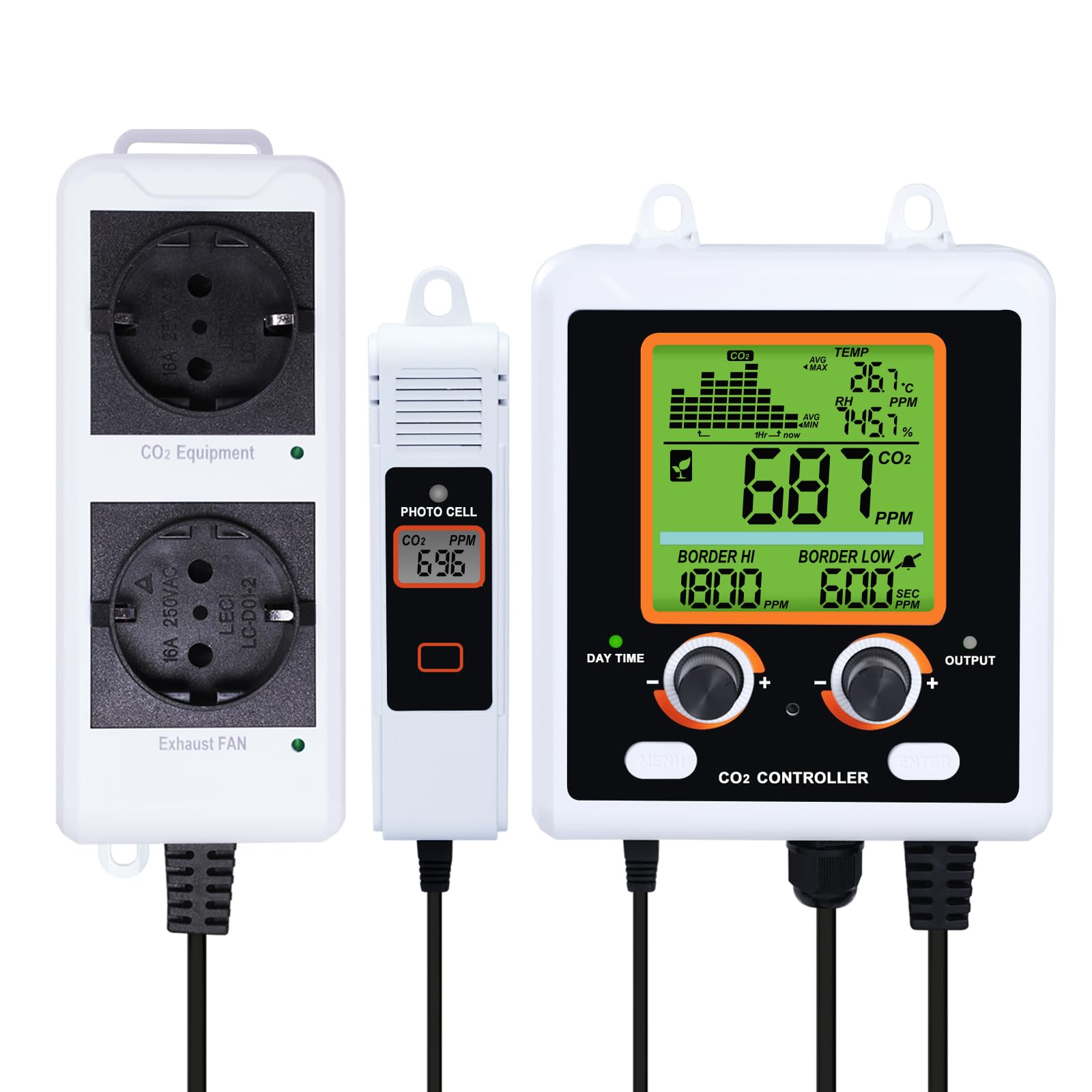 Controller CO2 Controllo Anidride Carbonica Misuratore CO2 Giorno e Notte Sensore NDIR CO2 Funzione di Controllo Doppia con Sensore CO2 a 4.5 metri per Sala di Crescita, Tenda di Crescita, Serra