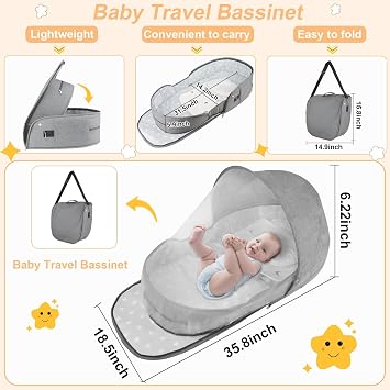 ISELECTOR Portable Bassinet for Baby Travel & Home - Lightweight Foldable Bedside Sleeper with Breathable Mesh, Carry Bag & Storage Pocket, Compact Bassinets for Newborn Infant, Safe Cosleeping Design