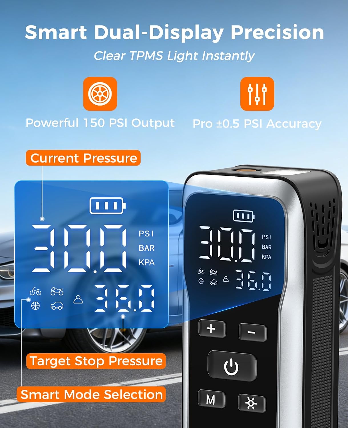 Close-up of JUSUOX XM-8011 digital display showing current and target PSI