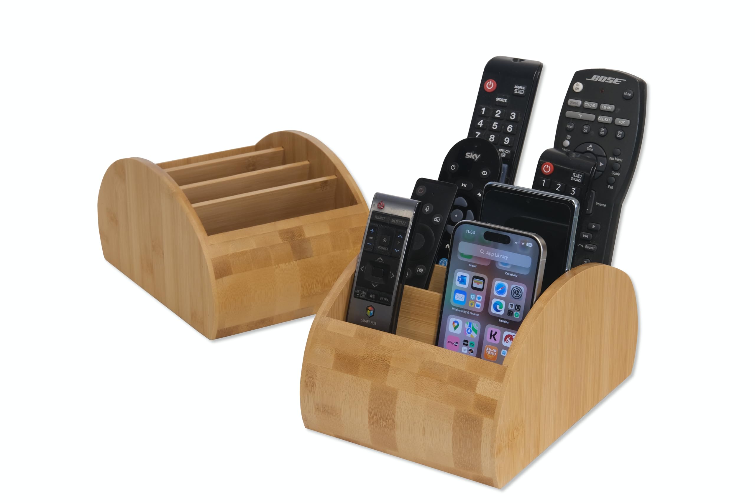 Osco Bamboo Large Remote & Desk Organiser, 4-Compartment Sustainable MOSO Caddy for Remotes, Pens, Make-Up & Cosmetics, Natural Finish, H12 × W15.8 × D22.5 cm