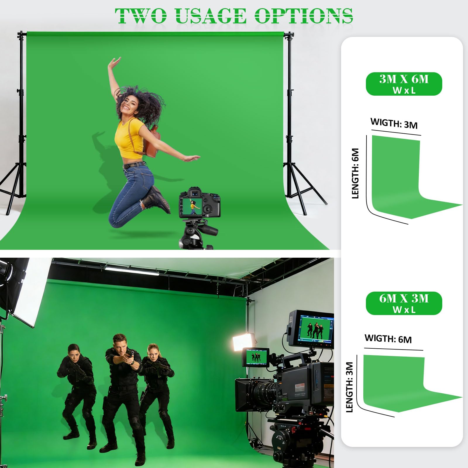3 * 6M Sfondo Fotografico,Green Screen, Tessuto in Poliestere ad Alta Densità, Viene Fornito con Quattro Clip e Una Custodia, Adatto Per Studi Fotografici, Sistemi Video