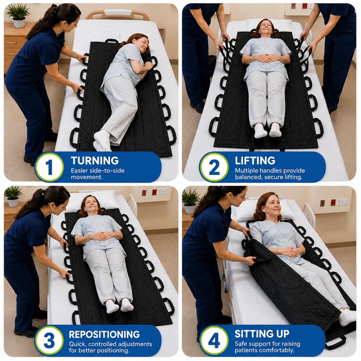 Hoja de transferencia de pacientes con 14 asas de 40 x 80 pulgadas + guía de prevención de caídas VAKLY