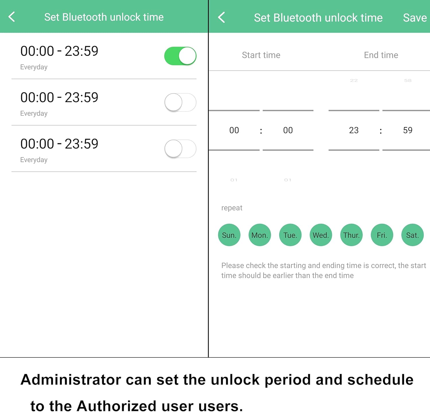 eLinkSmart mobile app interface for setting unlock schedules and viewing unlock records