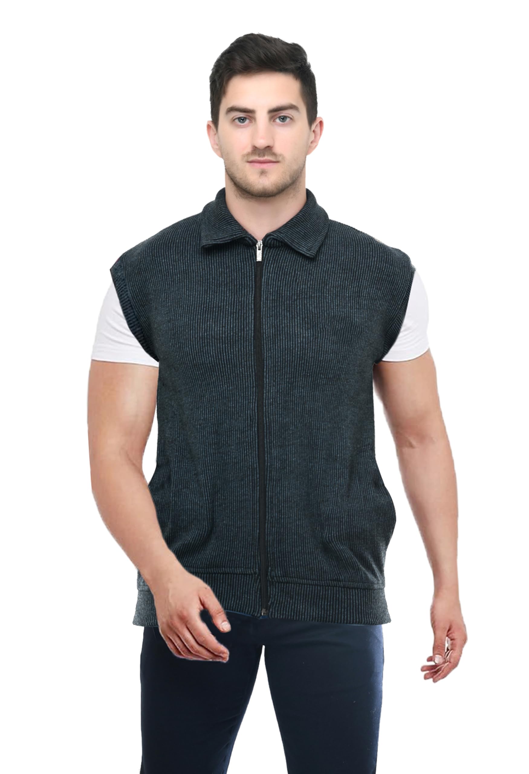 manra Men's Sleeveless Woolen Jacket/Sweater - Thick Fabric Winterwear with Zipper Closure, High Collar, and Side Pockets Sweater (Size M-L)-picture-29