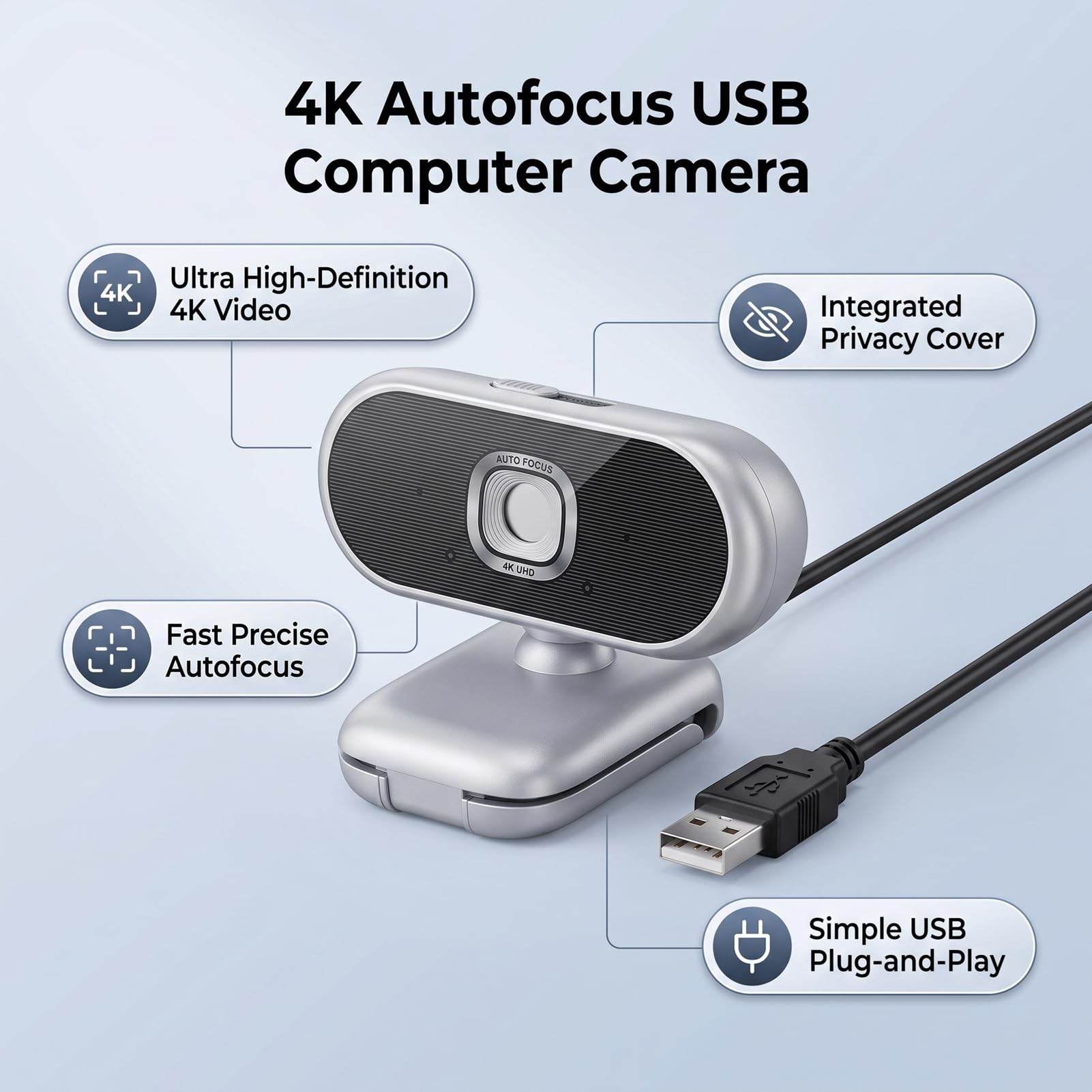 VBESTLIFE Webcam 4K con Messa a Fuoco Automatica e Copertura Privacy per | USB Plug and Play, Grandangolo da 75°, Inclinazione Panoramica a 360°, Interfaccia 2.0 Ad Alta velocità, per