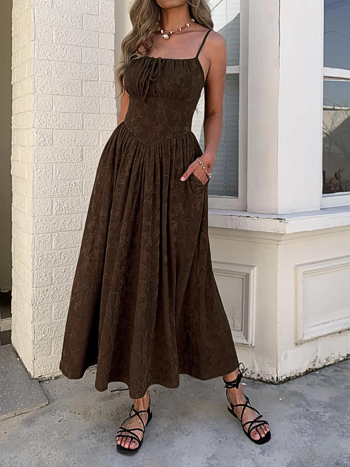 Women’s Floral Maxi Dress Spaghetti Strap Sleeveless Summer Dress Tie Front A Line Casual Long Dress with Pockets
