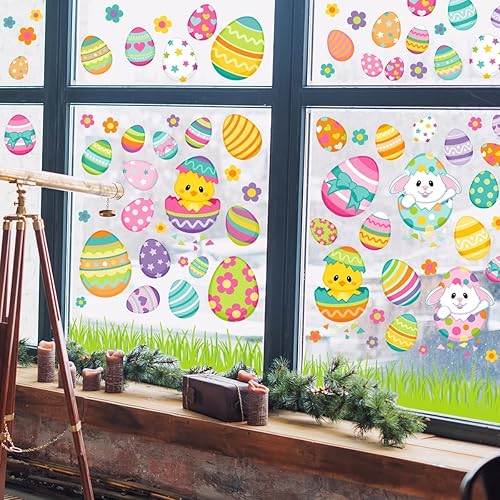 Miniatura 5 de Pegatinas de ventana de Pascua, huevos de conejo de Pascua, calcomanías de ventana de Pascua de doble cara, calcomanías de decoración de arte para