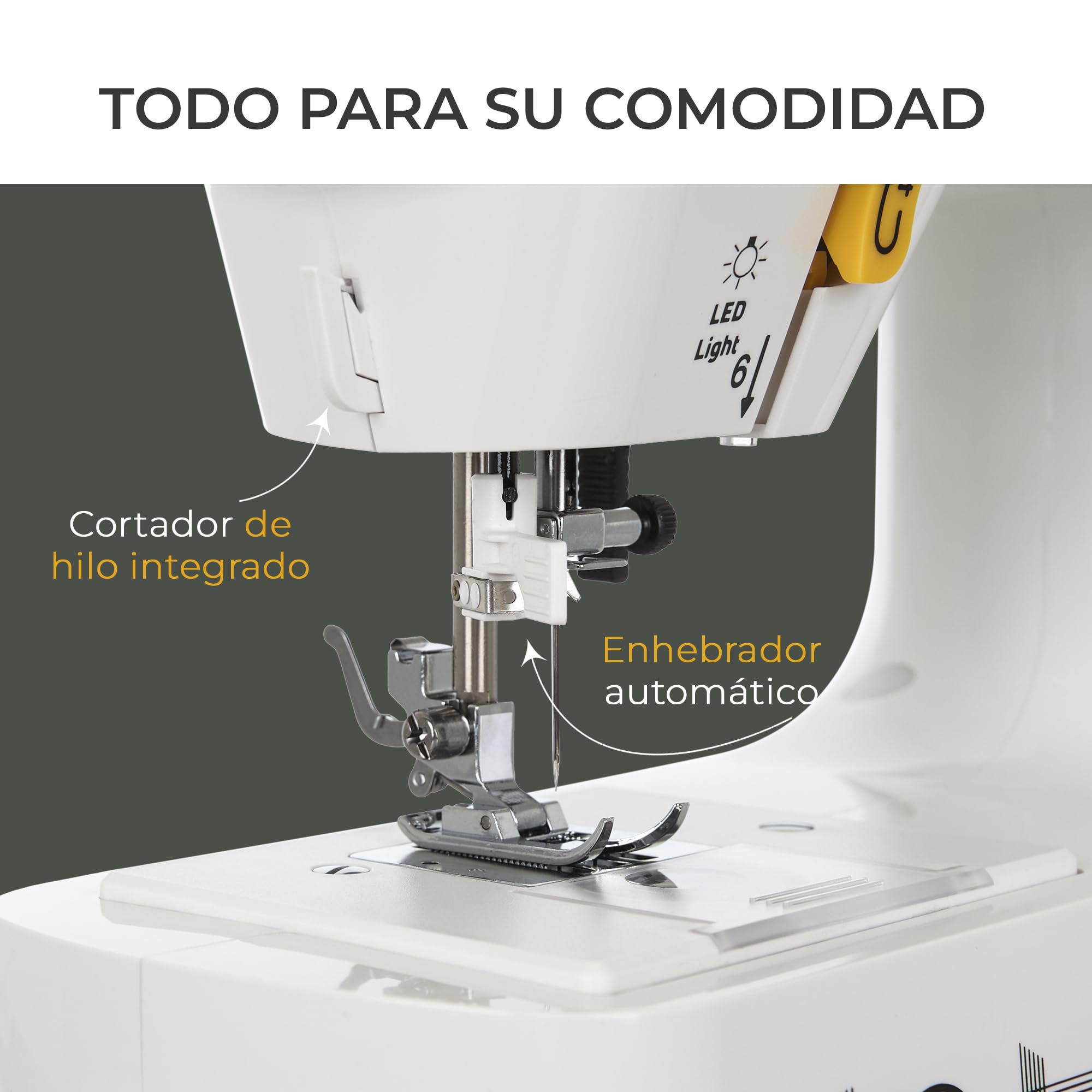 Máquina de Coser Mini Compacta EFFEKTIV 15 Puntadas, 27 × 30 cm, Estructura Metálica, Lanzadera Horizontal, Enhebrador Automático, Para Todo Tipo de Telas, Mesa Extensible