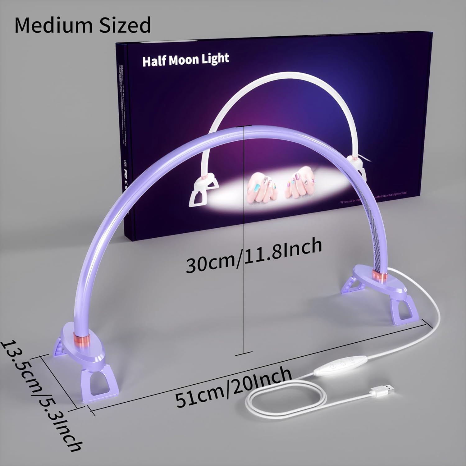 Moon Light Nail Tech,3 Color Temperature,20inch Half Moon Desk Lamp for Nail Techs for/Photograph/Crafts Etc Illuminated (Medium Size Purple)