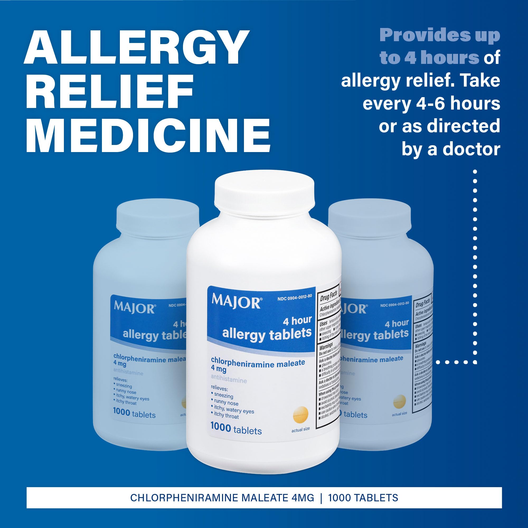 MAJOR 4 Hour Allergy Tablets - Chlorpheniramine Maleate - 4 mg - Antihistamine - 1000 Count (1 Pack) — Amazon image 4