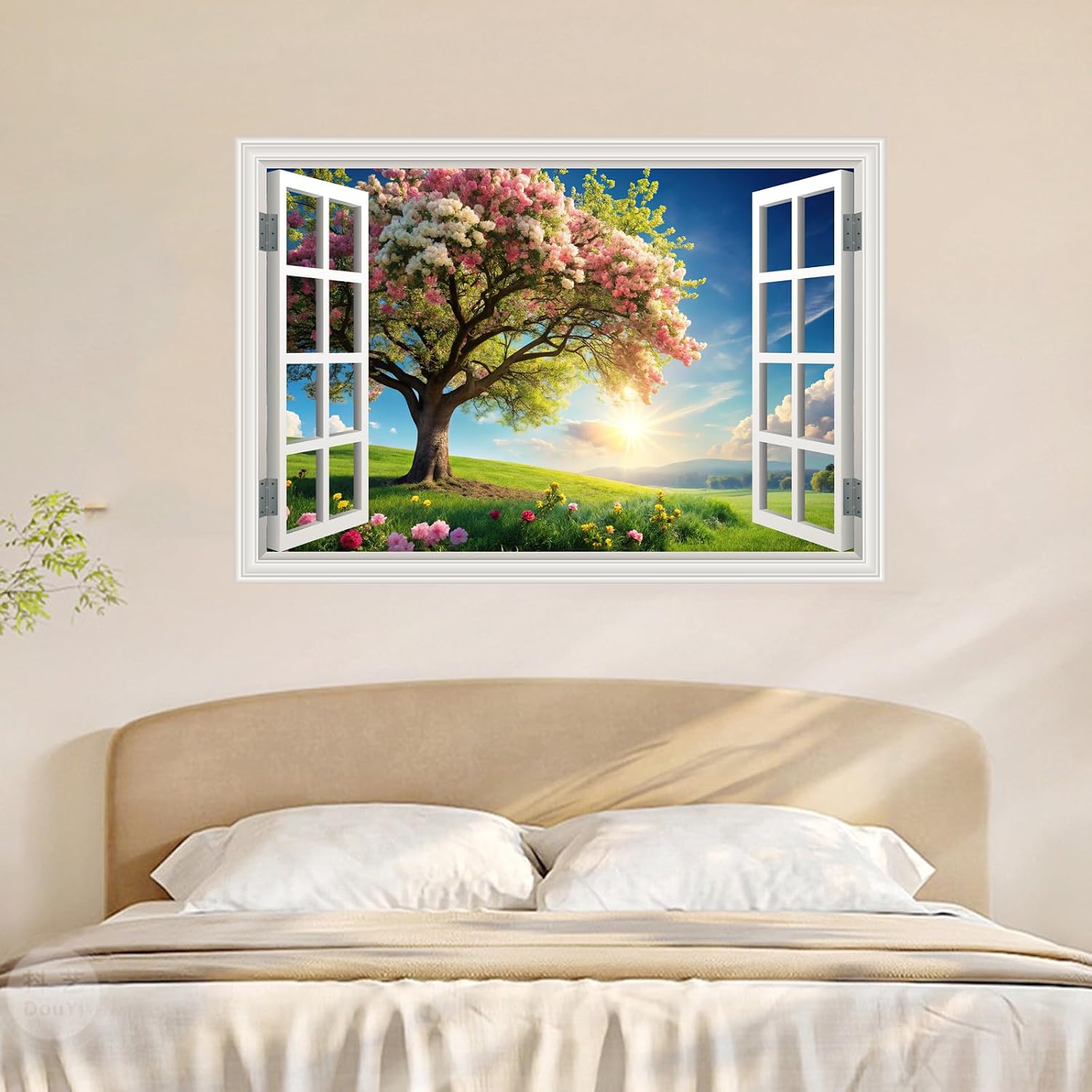 Fake Window Wall Mural Green Flowers Tree Art Poster Faux Window Wall Sticker for Office Home Room Decor, Peel and Stick Wall Decals 48" x 32" Set of 2 Sheets