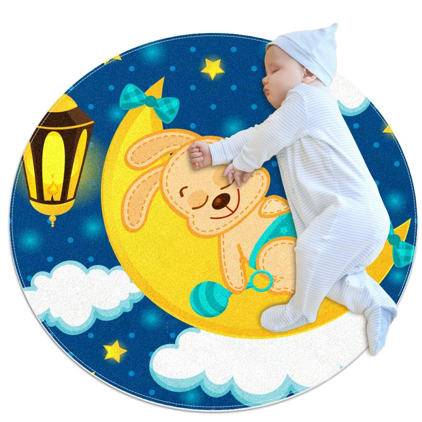 Tapis rond lapin de la lune de 70cm pour chambre d'enfant et espace de jeux
