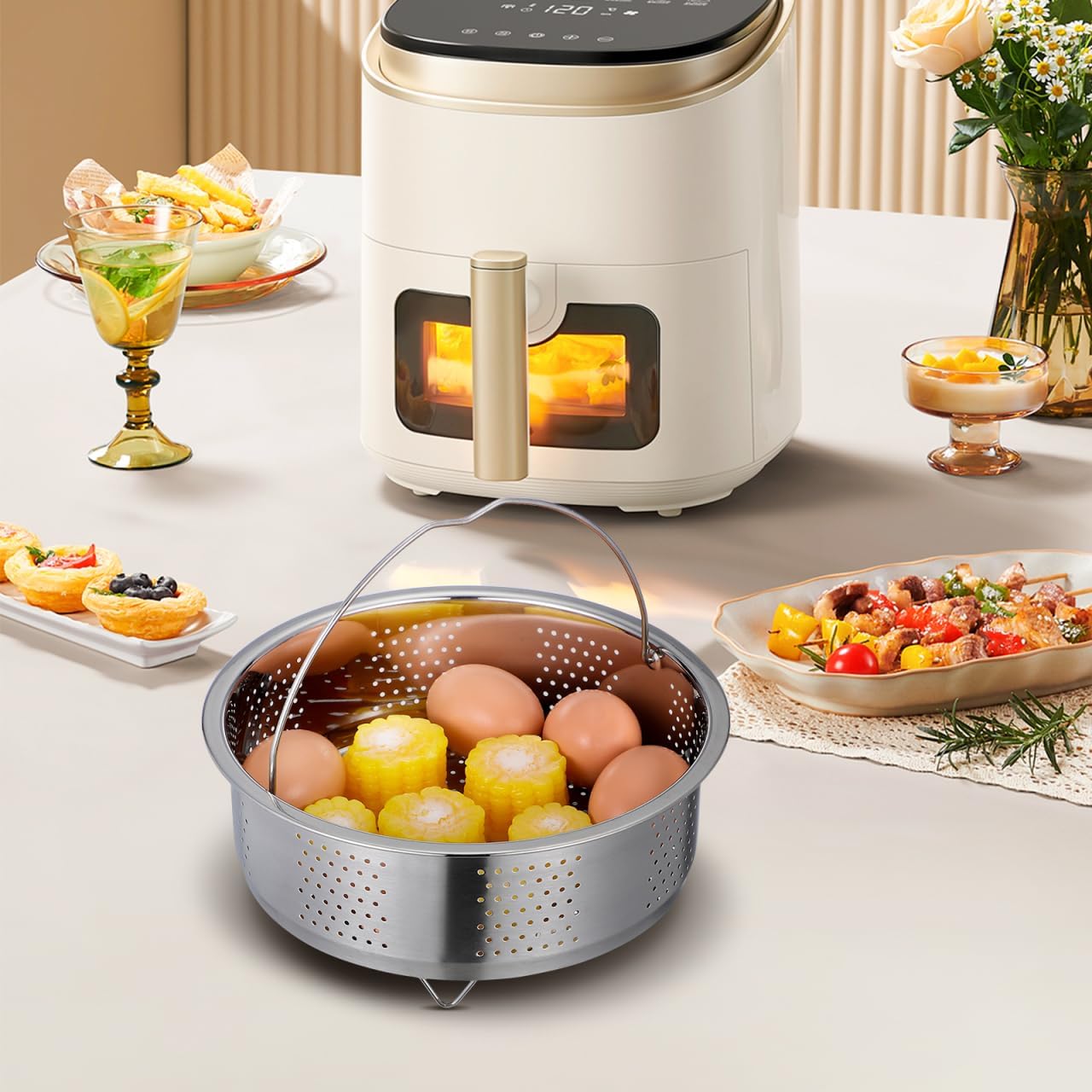 UPKOCH Pasta Strainer Steamer Basket Stainless Steel Vegetable Steamer Basket Insert Chinese Dumpling Rice Cooker Steaming Basket with Handle for Veggie Fish Seafood Cooking 22cm