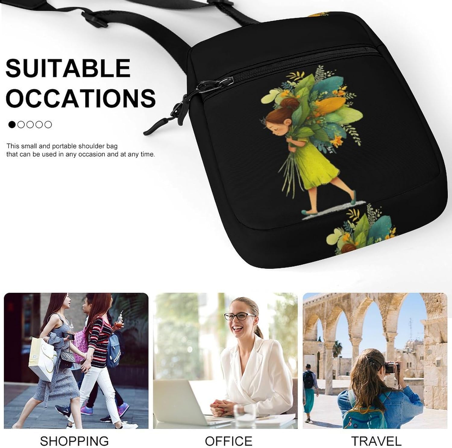 Bouquet Girls Flowers Small Crossbody Bag Sling Shoulder Satchel | for women men,work travel workout,detachable and adjustable shoulder strap