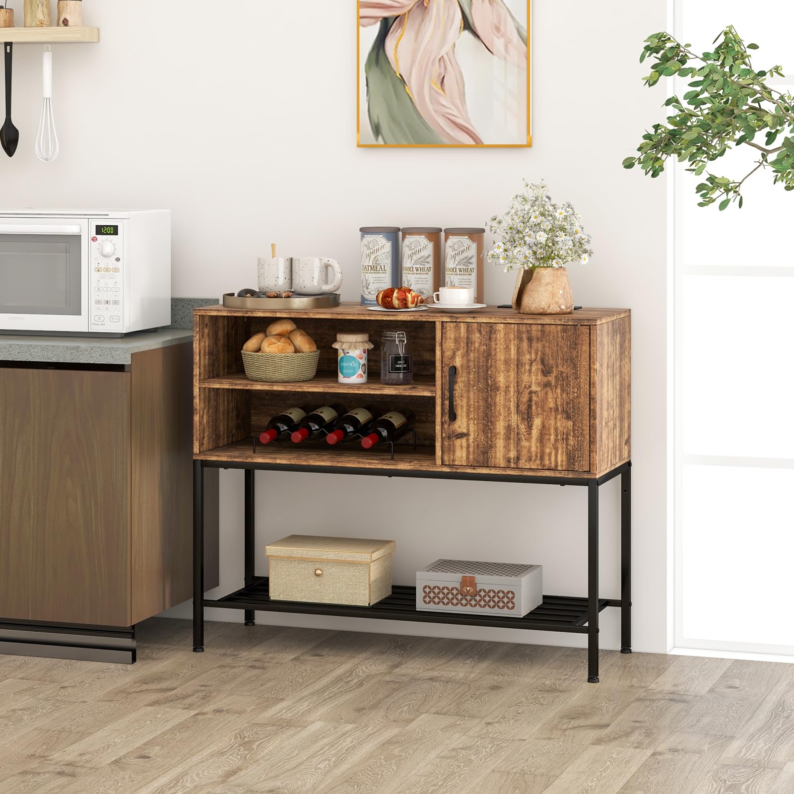 COSTWAY Sideboard mit Weinregal & Metallablage, Küchenschrank aus Holz, Weinschrank 35 x 100 x 83 cm, Konsolentisch Buffetschrank für Esszimmer, Wohnzimmer, Flur, Eingang (Braun)