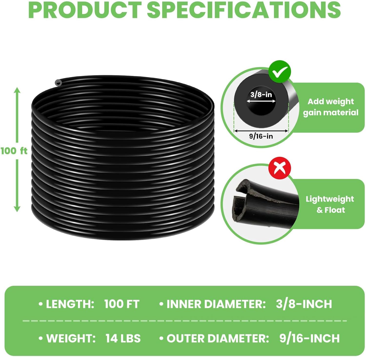 3/8" Inner Diameter Self-Sinking Aeration Hose, 100ft Weighted PVC Pond Aerator,Pond Hose Equipped with Copper Fittings and Stainless Steel Clamps, Suitable for Gardens and Water Circulation Systems