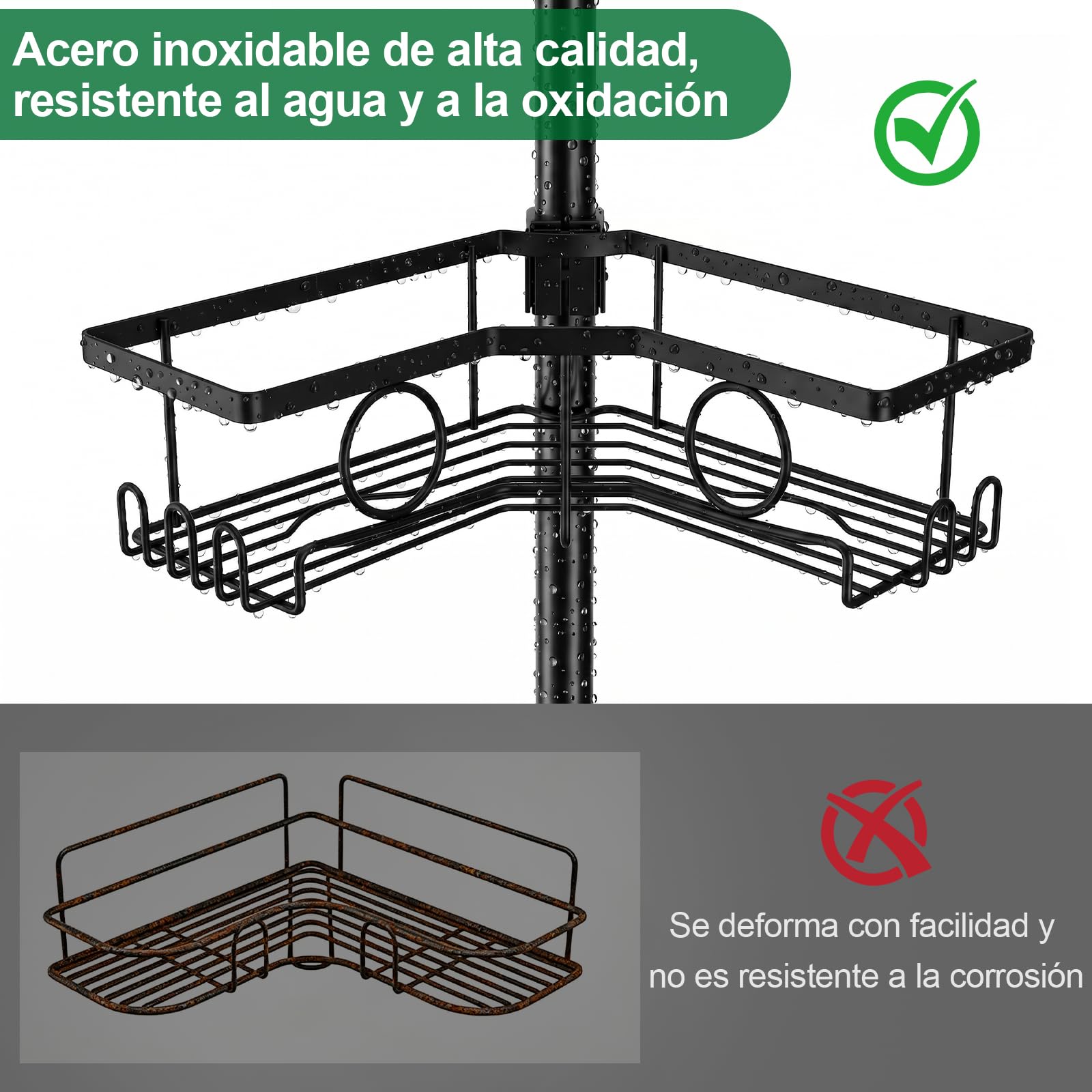 Estanteria ducha sin taladro, 105-304cm, Acero Inoxidable, para Baño | para azulejos, regulable en altura, antideslizante, 2 jaboneras, toallero, cesta