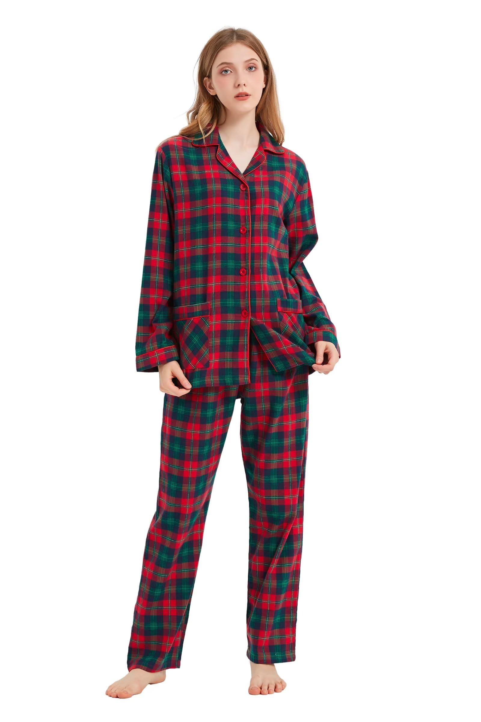 Pigiama da donna 100% flanella di cotone tinto in filato, comodo pigiama a maniche lunghe per l'inverno