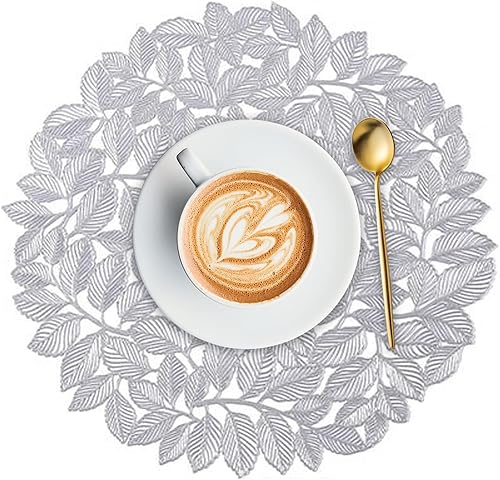 Miniatura 8 de Juego de 4 manteles individuales de hoja dorada, manteles individuales huecos redondos metálicos resistentes al calor, manteles individuales de