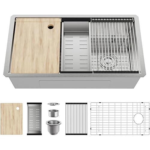33 Inch Kitchen Sinks Undermount - 33" x 19" Stainless Steel Undermount Workstation 16 Gauge Single Bowl Deep Under Counter Kitchen Sink Basin