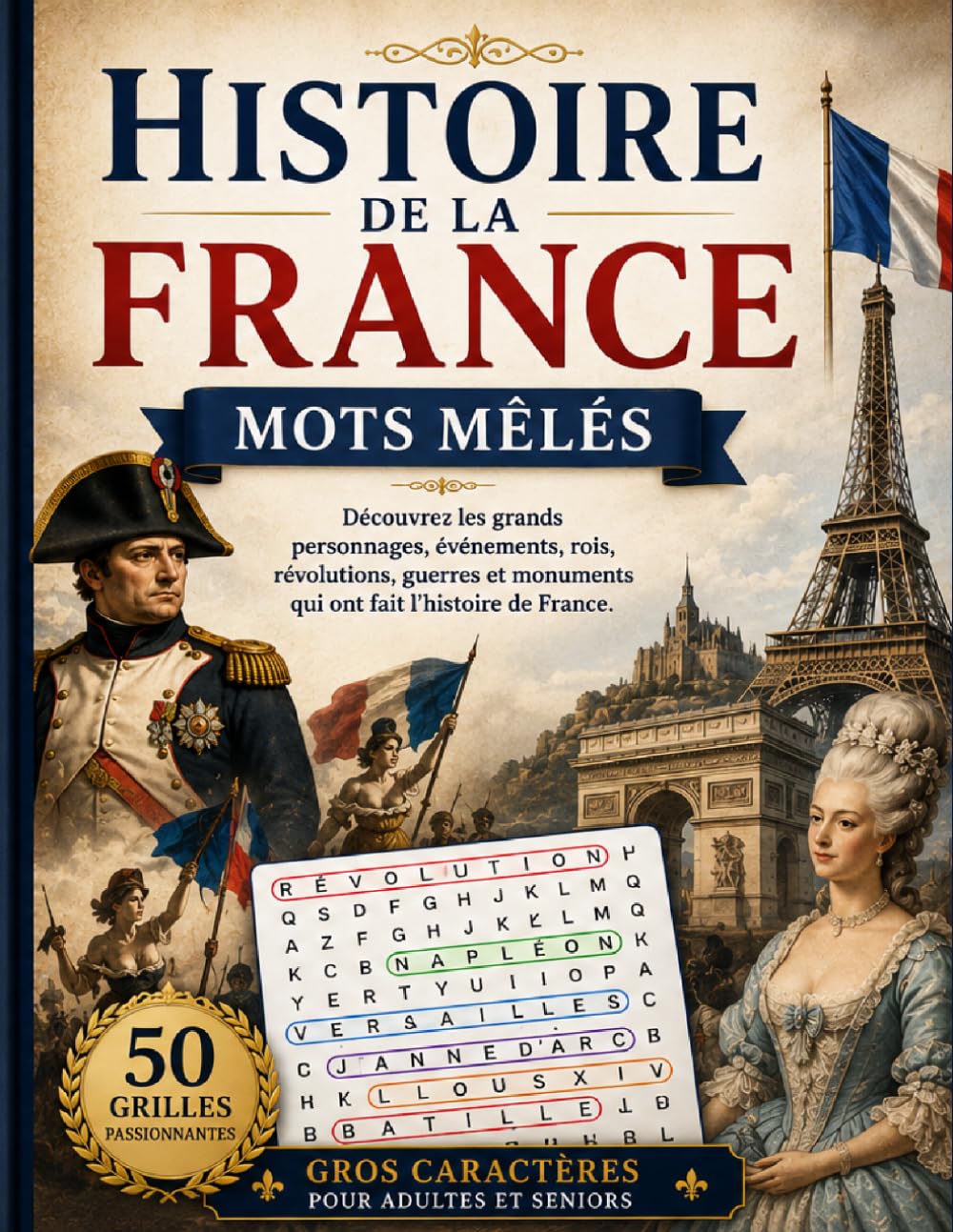 Mots Mêlés Histoire de France: 50 Grandes Grilles pour Adultes et Seniors – Culture Française, Patrimoine et Personnages Historiques