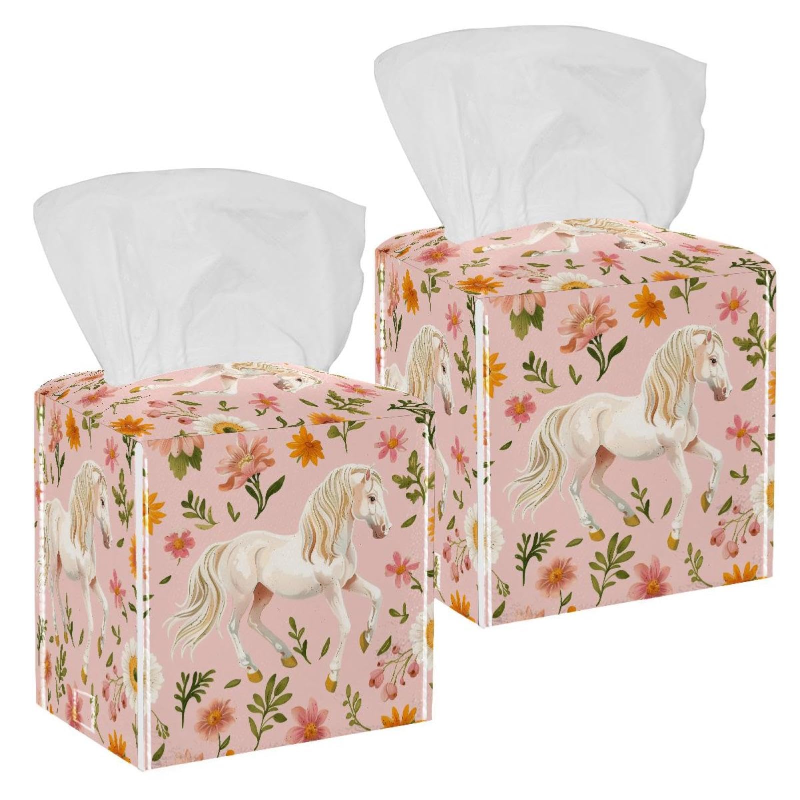 Horse and Floral Tissue Box Cover, 2 Pack PU Leather Square Facial Tissue Dispenser Box holder for Home Office Car