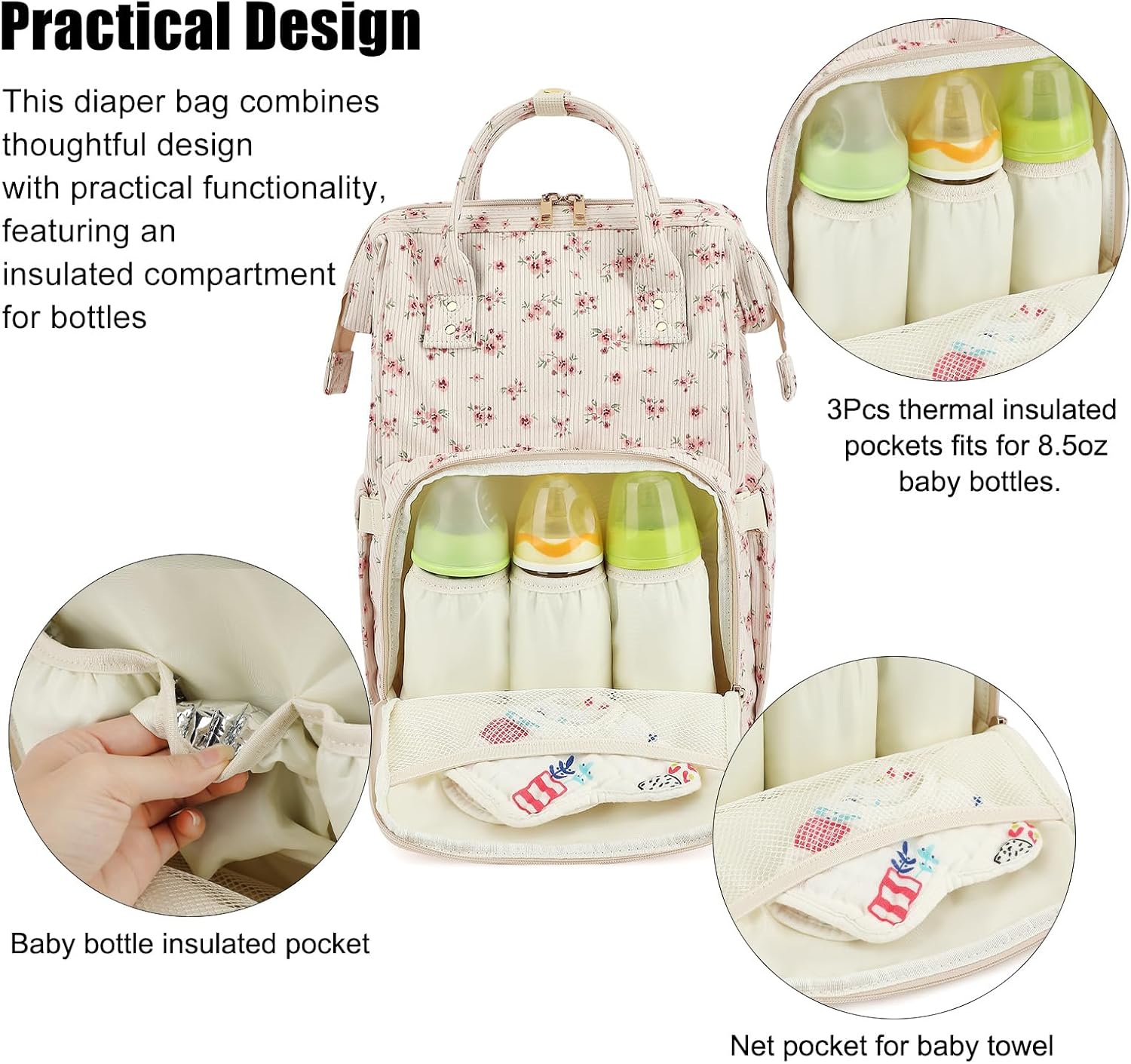 Corduroy Diaper Bag Backpack for Mom, Large Capacity Travel Nappy Bag for Baby Girls & Boys with Stroller Straps (Corduroy Floral Pink)