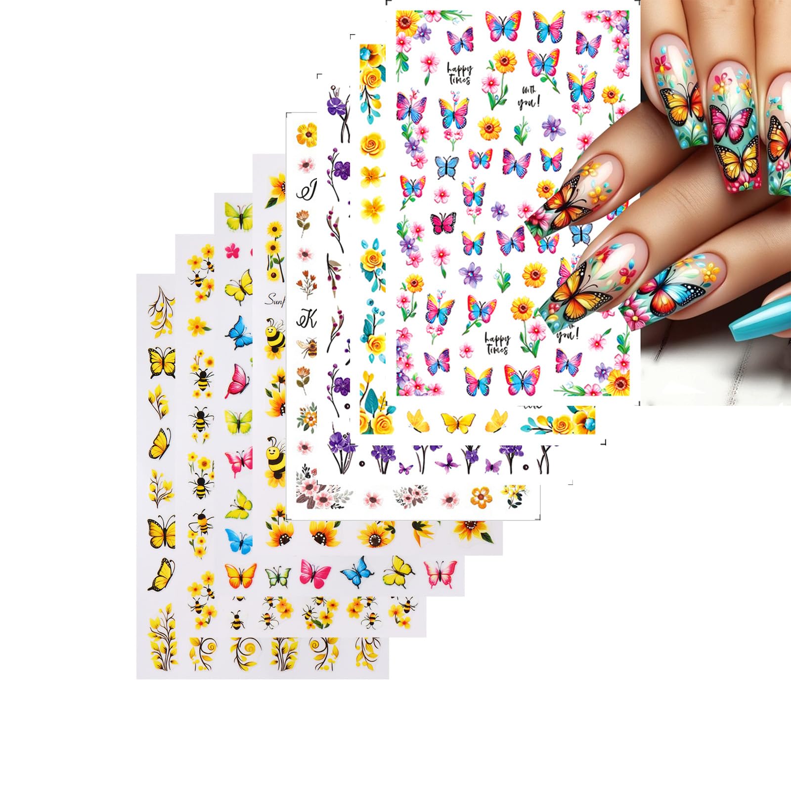 Stickers para Uñas Nail Stickers Self-Adhesive Sticker Butterfly Flower Calcomanías para Uñas Bee Colorful Floral Art Design Accessories Hight Quality 8 Sheets