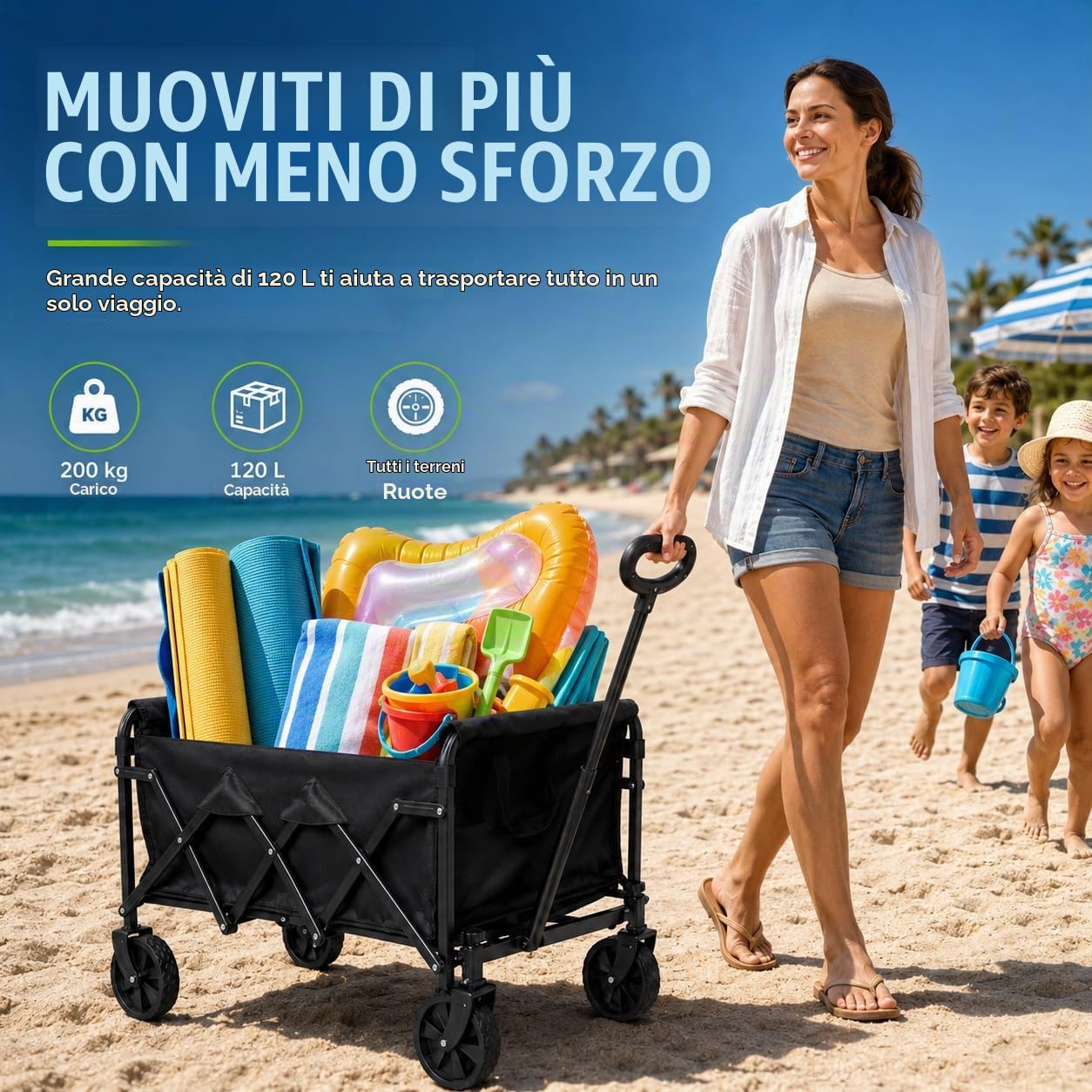 Carrello pieghevole con ruote – Carrello pieghevole fino a 200 kg – Leggero, compatto e adatto a terreni per spiaggia, campeggio e shopping | VOZIPRO