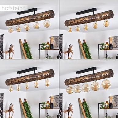 hofstein Plafondlamp Canedo, plafondlamp van metaal/hout in zwart/natuur/donkerbruin, vintage lamp 5-lamp, 5 x E27, zonder gloeilampen photo 3