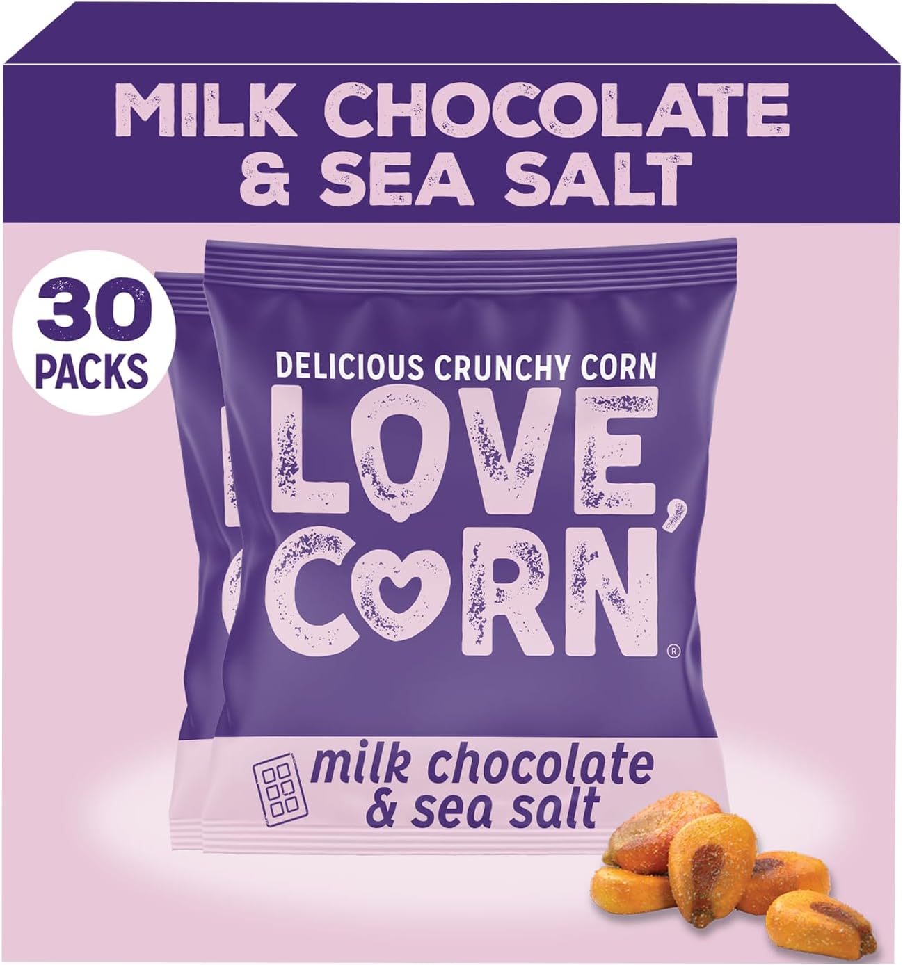 LOVE CORN Milk Chocolate & Sea Salt Crunchy Corn (30 x 15g) - High Fibre Snack, Gluten-Free, Kosher, Healthy Chocolate Treat, Lunchbox Snack, Gourmet Graze, Made in UK