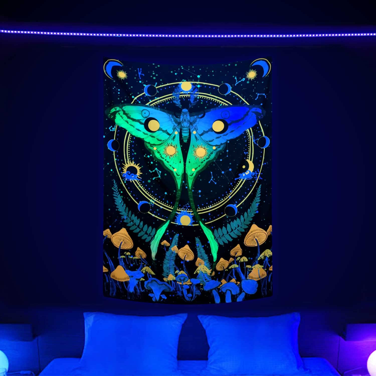 Blacklight Mushroom Tapestry,UV Reactive Funny Moth Tapestry Wall Hanging for Bedroom Aesthetic Glows in the Dark, Small Flower and Weed Tapestries Posters 71x90in