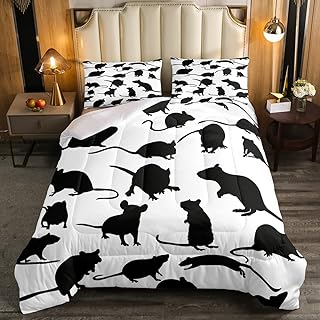 Erosebridal Rat Comforter Set, Mouse Rodents Kawaii Bedding Set Queen Size for Kids Boys Girls, Cute Animal Soft Down Comforter Black White Quilt Set for Bedroom Dorm Decor Duvet Insert