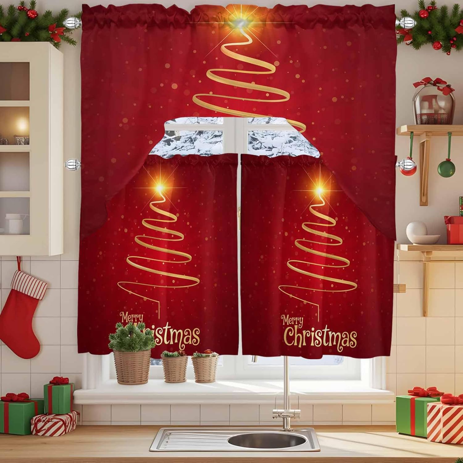 Merry Christmas Swag Kitchen Curtain Sets with Valance, 3 Pieces Decorative Sparkles Holiday New Year Curtain Drapes Rod Pocket for Bedroom Living Room Bathroom Cafe Windows, 56''x36'' & 36''x27.5''x2