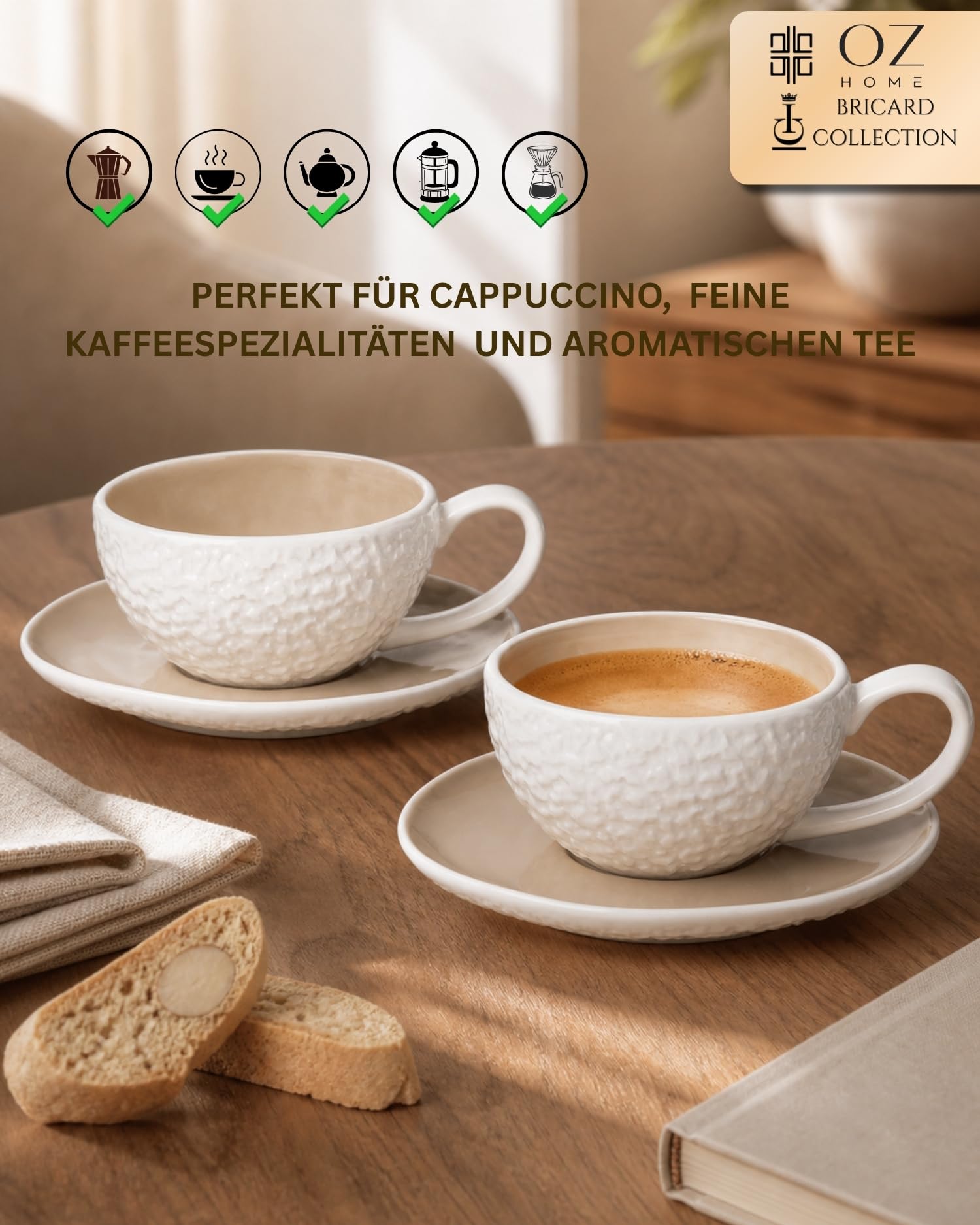 BRICARD Barles Stone Juego de Tazas Espresso 12 Piezas para 6 Personas – 6 Tazas 125 ml con 6 Platos – Porcelana Blanco y Taupe con Relieve – para Espresso, Ristretto y Cortado