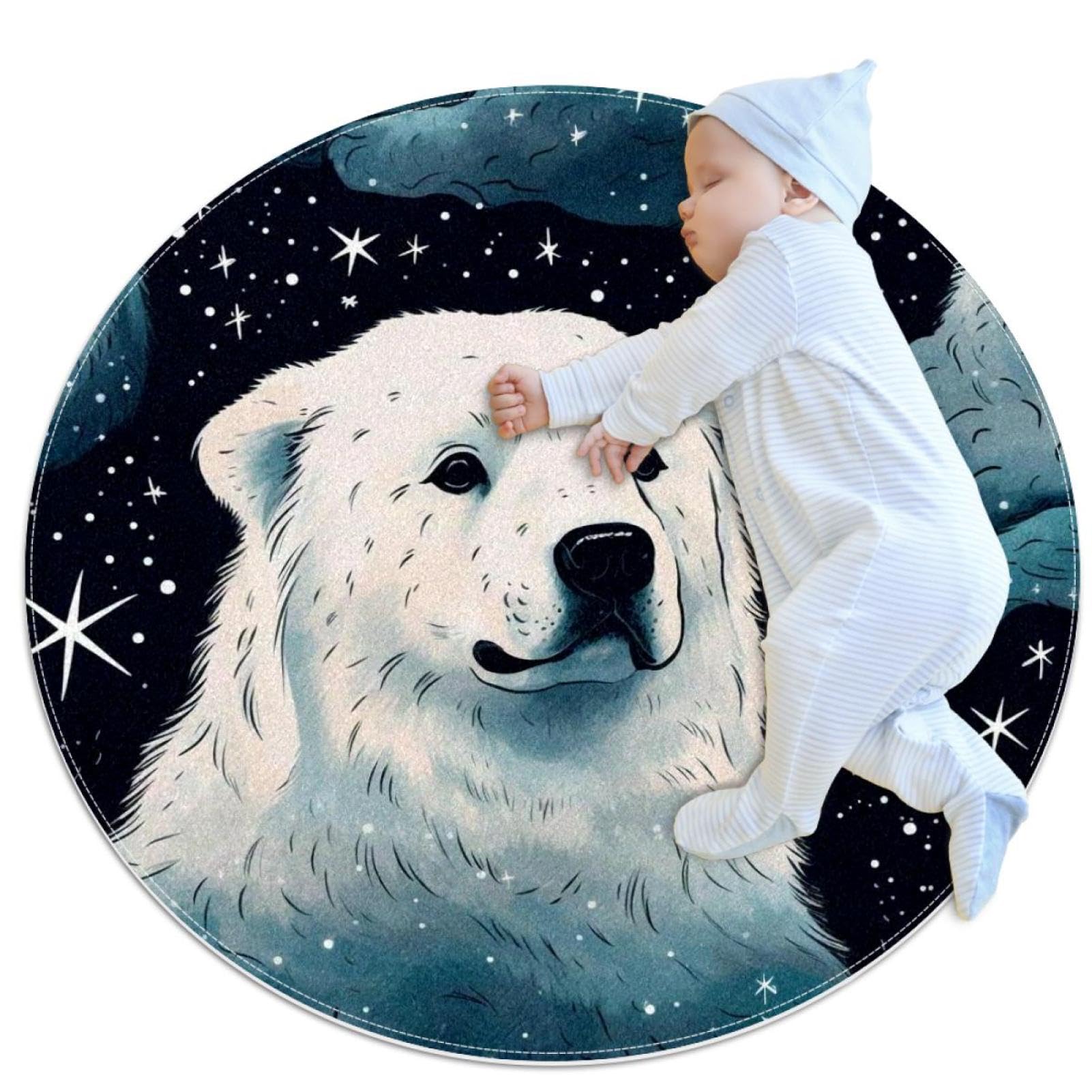 Tapis de salle de bain rond 1m motif chien nuit étoilée et plume paon