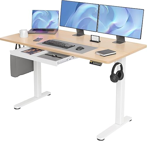 Claiks Escritorio de pie con cajones, escritorio eléctrico de pie con altura ajustable, estación de trabajo para computadora, 55 pulgadas, natural