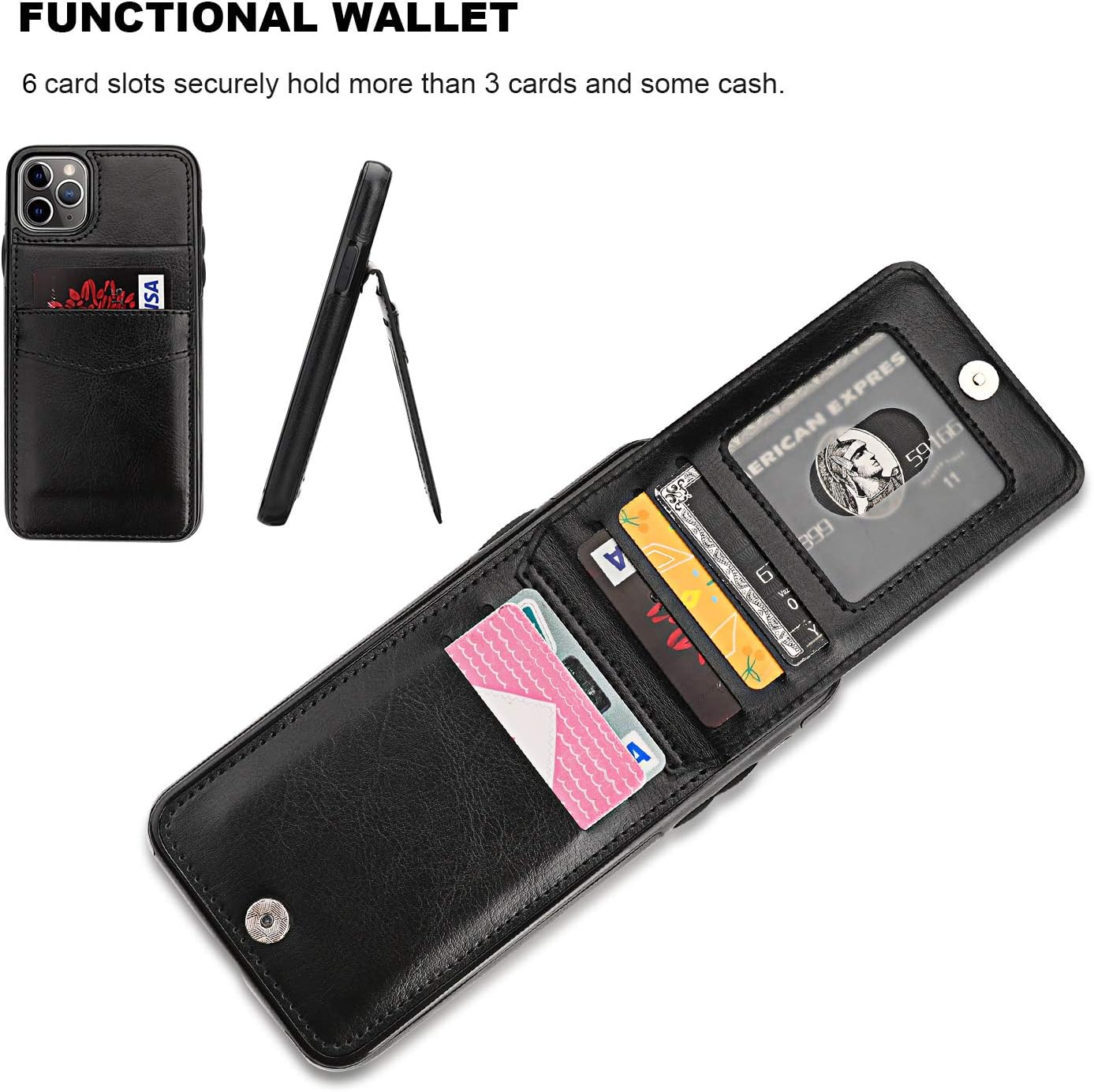 KIHUWEY Compatible with iPhone 11 Pro Max Case Wallet with Credit Card Holder, Premium Leather Magnetic Clasp Kickstand Heavy Duty Protective Cover for 11 Pro Max 6.5 Inch(Black) - Image 4