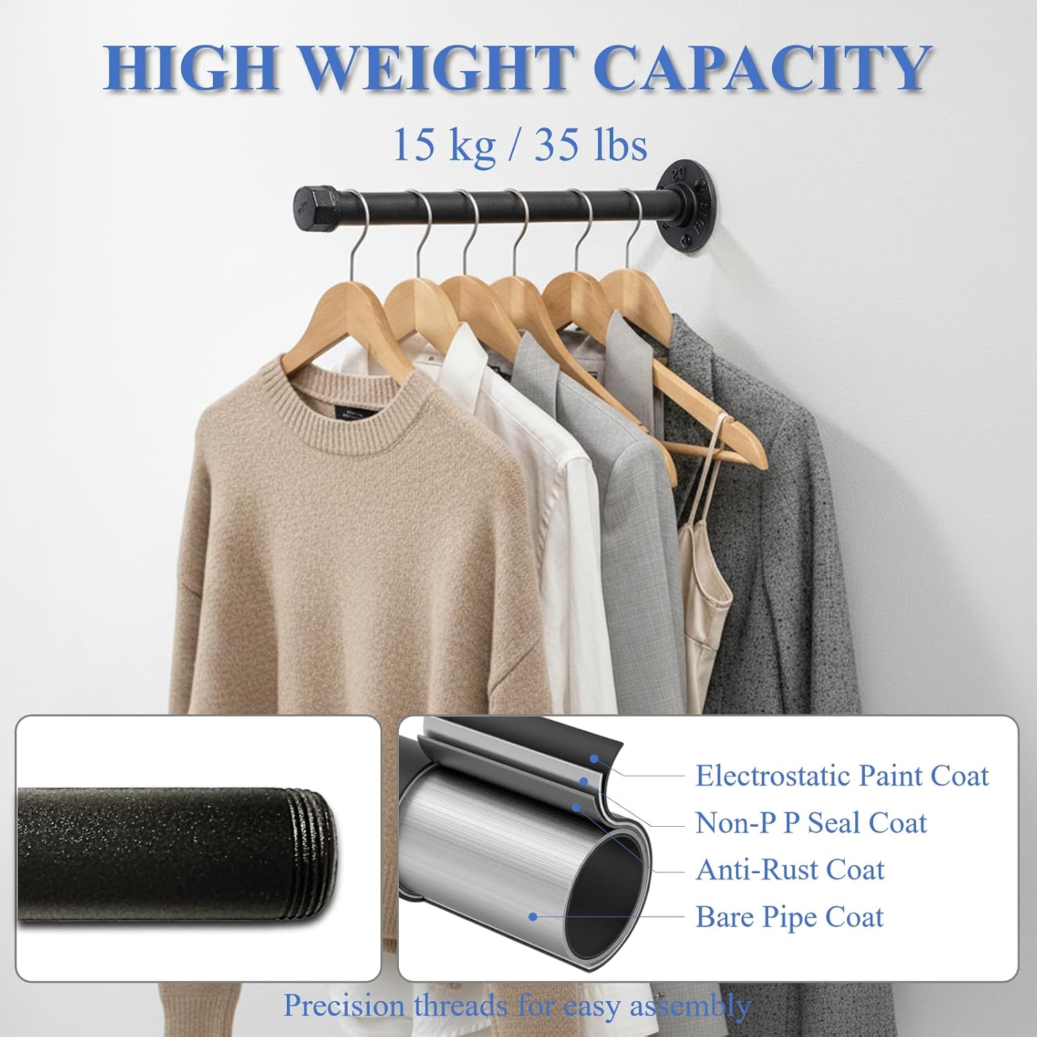 Wall Mounted Clothes Rack, Industrial Pipe Clothing Rack for Hanging Clothes, Heavy Duty Cast Iron Garment Racks for Wardrobe Organizers, DIY Closet Rods Closet Bar (Black 4 Pack, 12 Inch)
