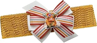 Baby Girls 5" Highland Cow Hair Bow Mustard Yellow Stretch Headband