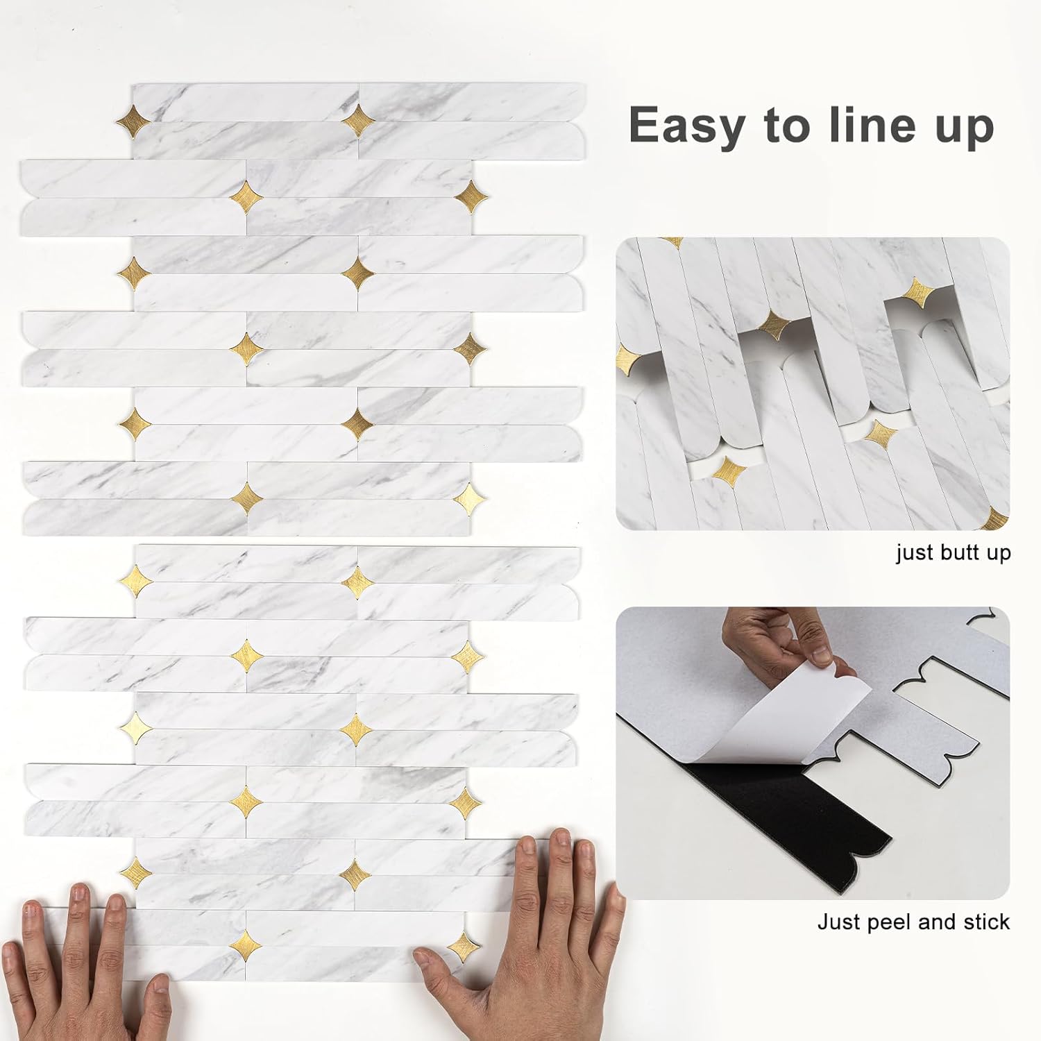 Peel and Stick Backsplash Tiles, 10-Sheet BPA-Free PVC White Mixed Gold Stellate, 12"x12" Waterproof Heat Resistant Geometric Flower Tile for Kitchen Bathroom Fireplace RV