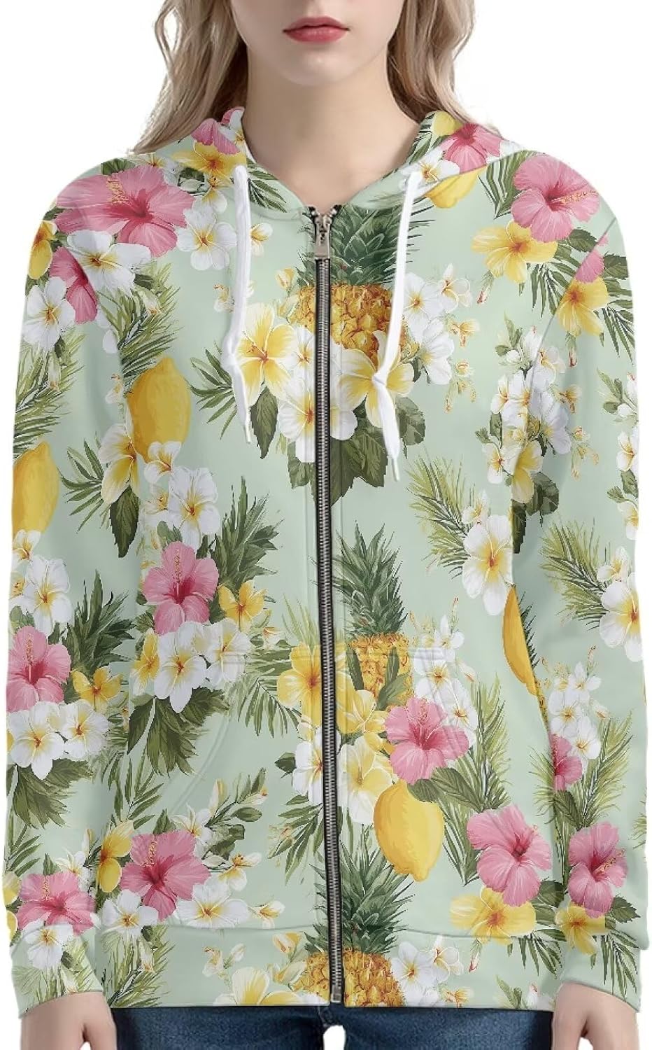Amzbeauty Graphic Print Zip Up Hoodies For Women Trendy Spring Fall Long Sleeve Drawstring Hooded Coat