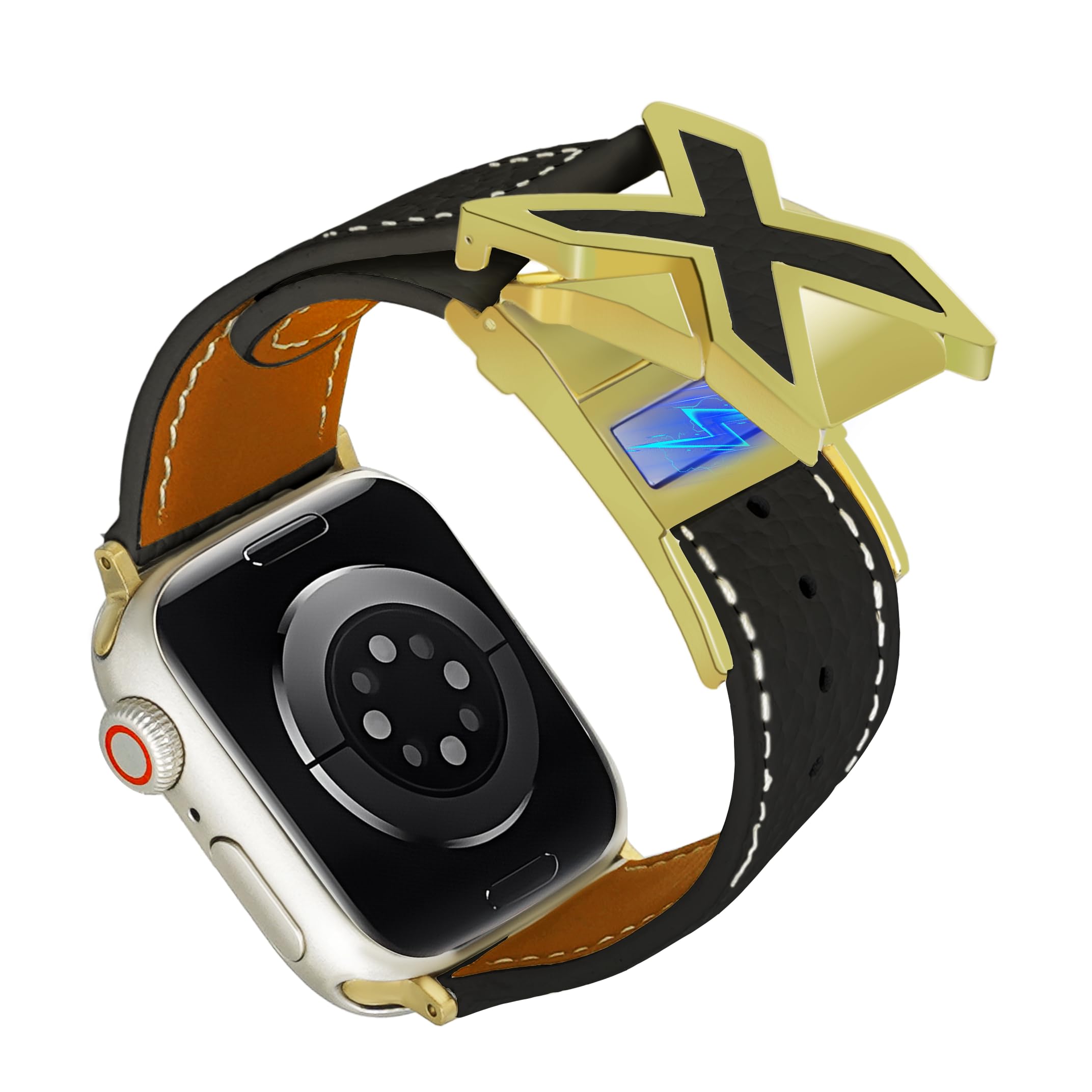 Leather Magnetic Watch Band Compatible with Apple Watch 46mm 45mm 44mm 42mm 41mm 40mm 38mm, Top Grain Designer Replacement Strap for Women Men iWatch