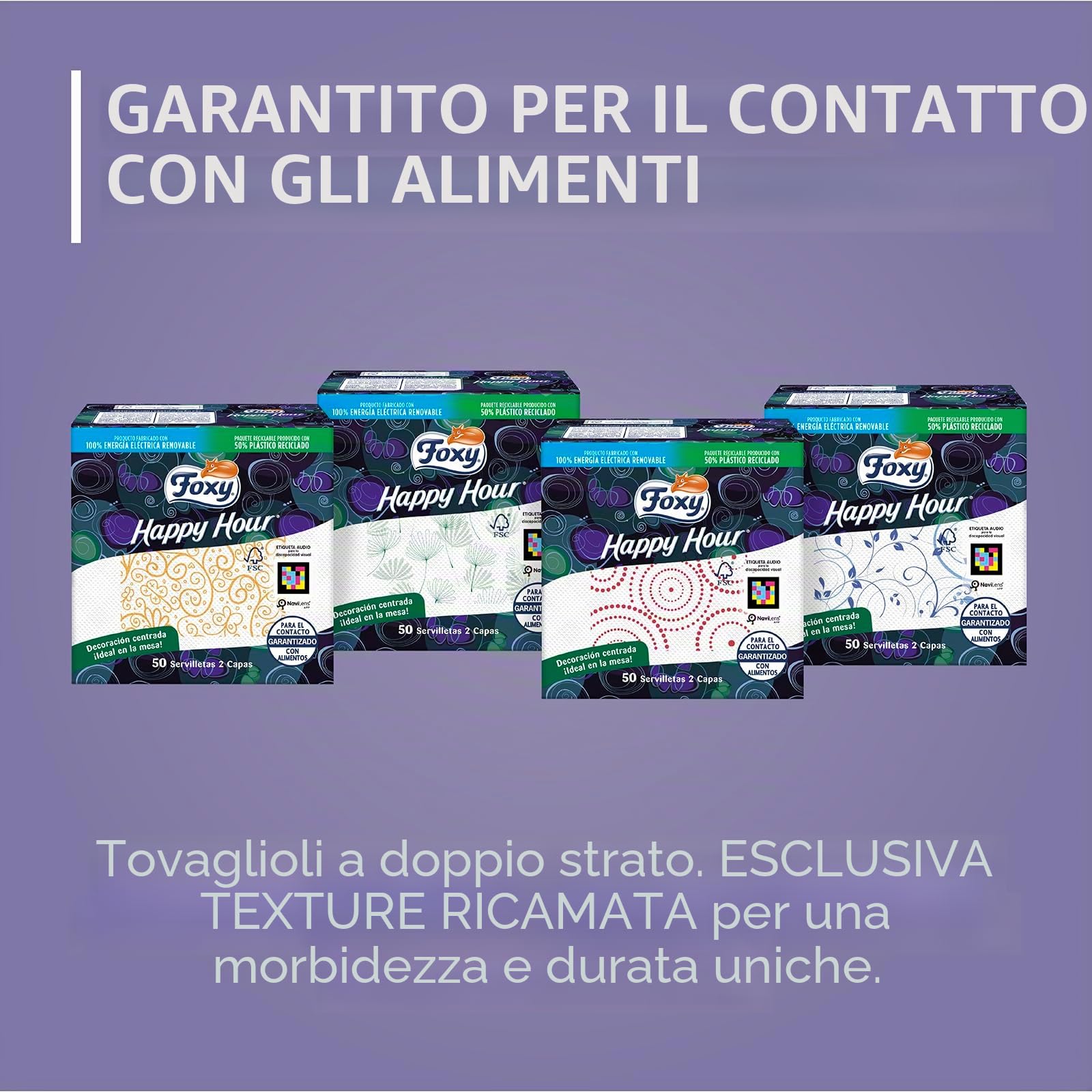 Foxy Happy Hour | Tovaglioli doppio strato | 16 confezioni da 50 pezzi da 33 x 33 cm | Certificazione FSC | 100% energia elettrica rinnovabile | Confezione riciclabile prodotta con plastica riciclata