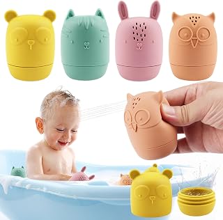 Bath Toys, Mould Free Bath Toys, 4 Pcs Baby Bath Toys, Toddler Bath Toys for 1+ Year Old, Silicone Bathtub Toys for Boys Girls Birthday Gifts, Non Toxic Baby Bath Toy for 1 2 3+ Year Old