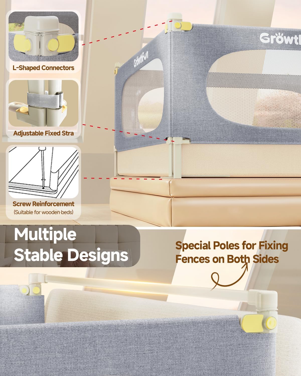 3-Piece King Size Bed Rail for Toddlers, Baby Bed Rail Guard with Height Adjustable, Kids Safety Toddler Bed Rail for King Size Bed(78.7"x78.7"x74.8" - Grey)